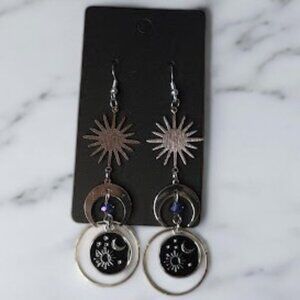 Sun Burst and Moon Celestial Earrings With Celestial Coin Medallion